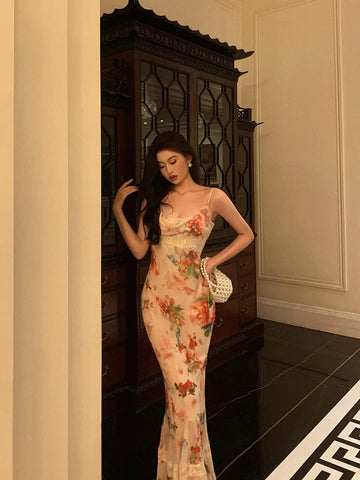 Sheath Spaghetti Straps Floral Ankle Length Prom Dresses Birthday Dress SD422